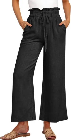 Linen Cropped Pants Women Drawstring High Waisted Boho Wide Leg Pants Summer Loose Paperbag Beach Pants with Pockets