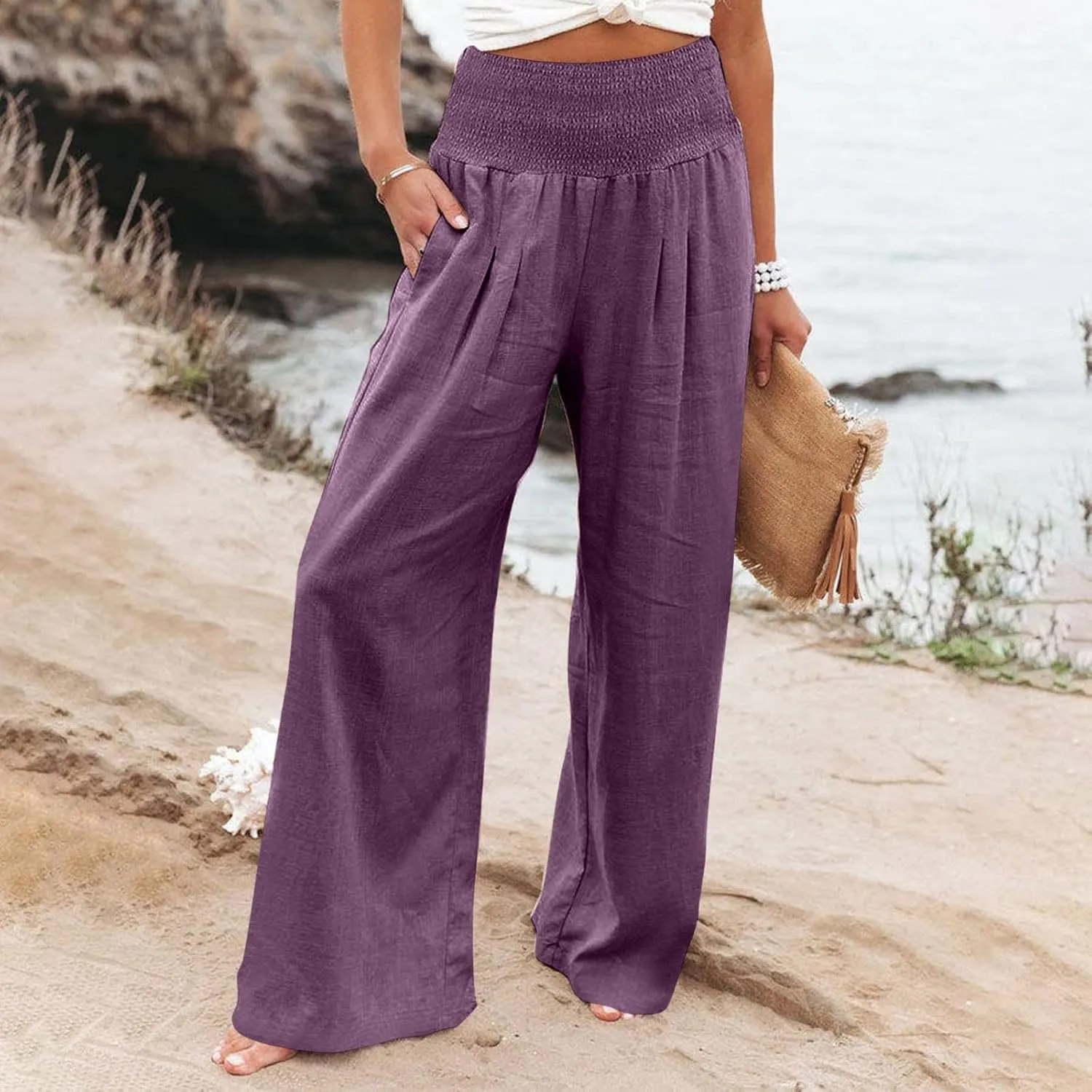 Linen Pants for Women 2023 Trendy High Waist Solid Wide Leg Pants Summer Beach Sport Fit Trousers with Pockets