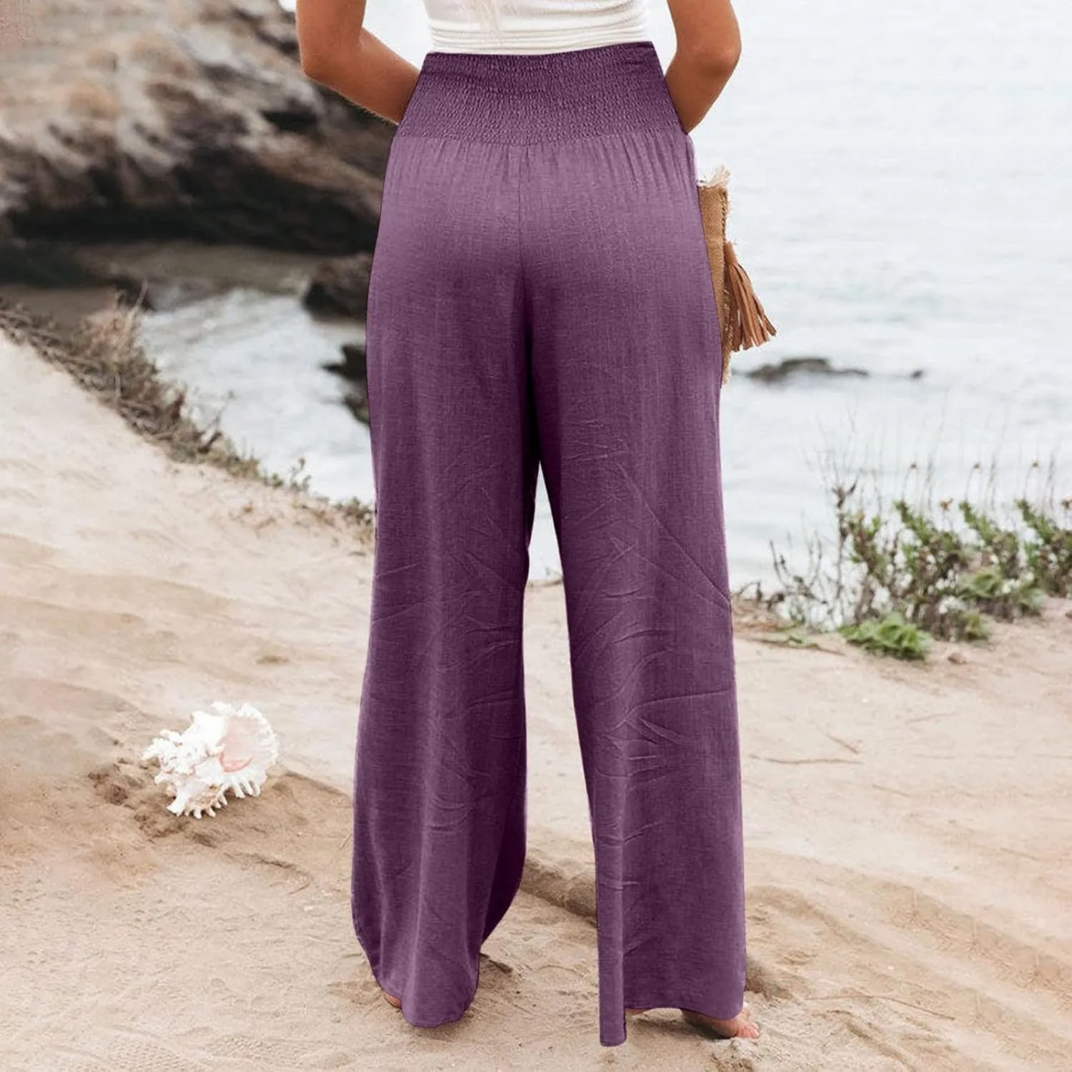 Linen Pants for Women 2023 Trendy High Waist Solid Wide Leg Pants Summer Beach Sport Fit Trousers with Pockets