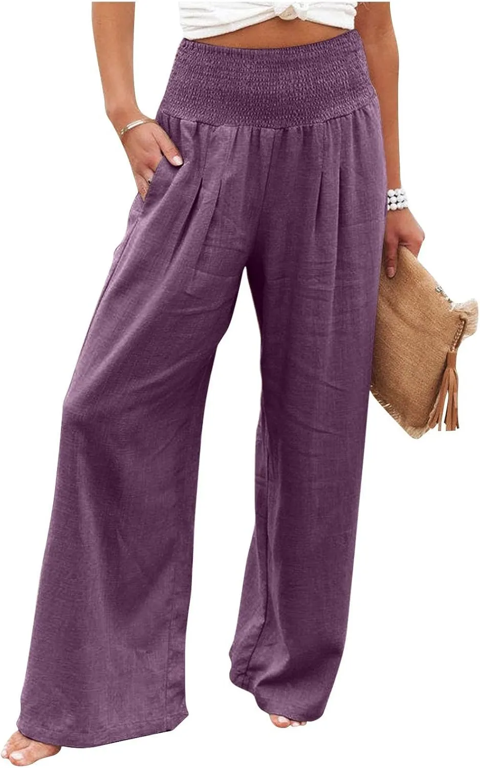 Linen Pants for Women 2023 Trendy High Waist Solid Wide Leg Pants Summer Beach Sport Fit Trousers with Pockets