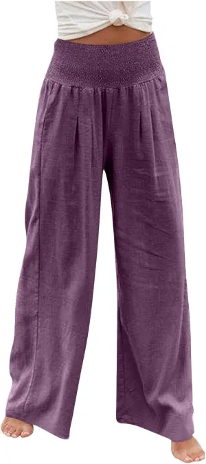 Linen Pants for Women 2023 Trendy High Waist Solid Wide Leg Pants Summer Beach Sport Fit Trousers with Pockets