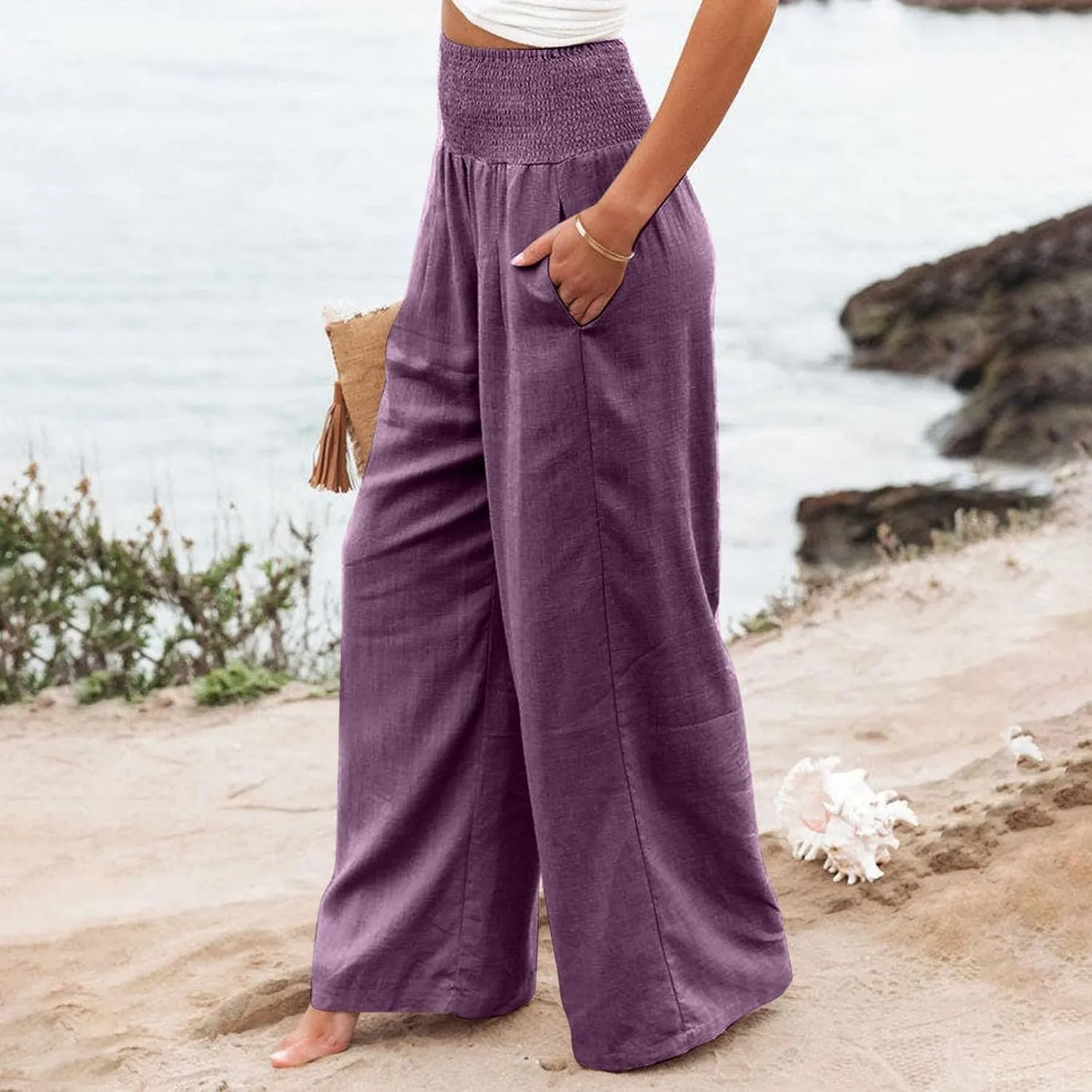 Linen Pants for Women 2023 Trendy High Waist Solid Wide Leg Pants Summer Beach Sport Fit Trousers with Pockets