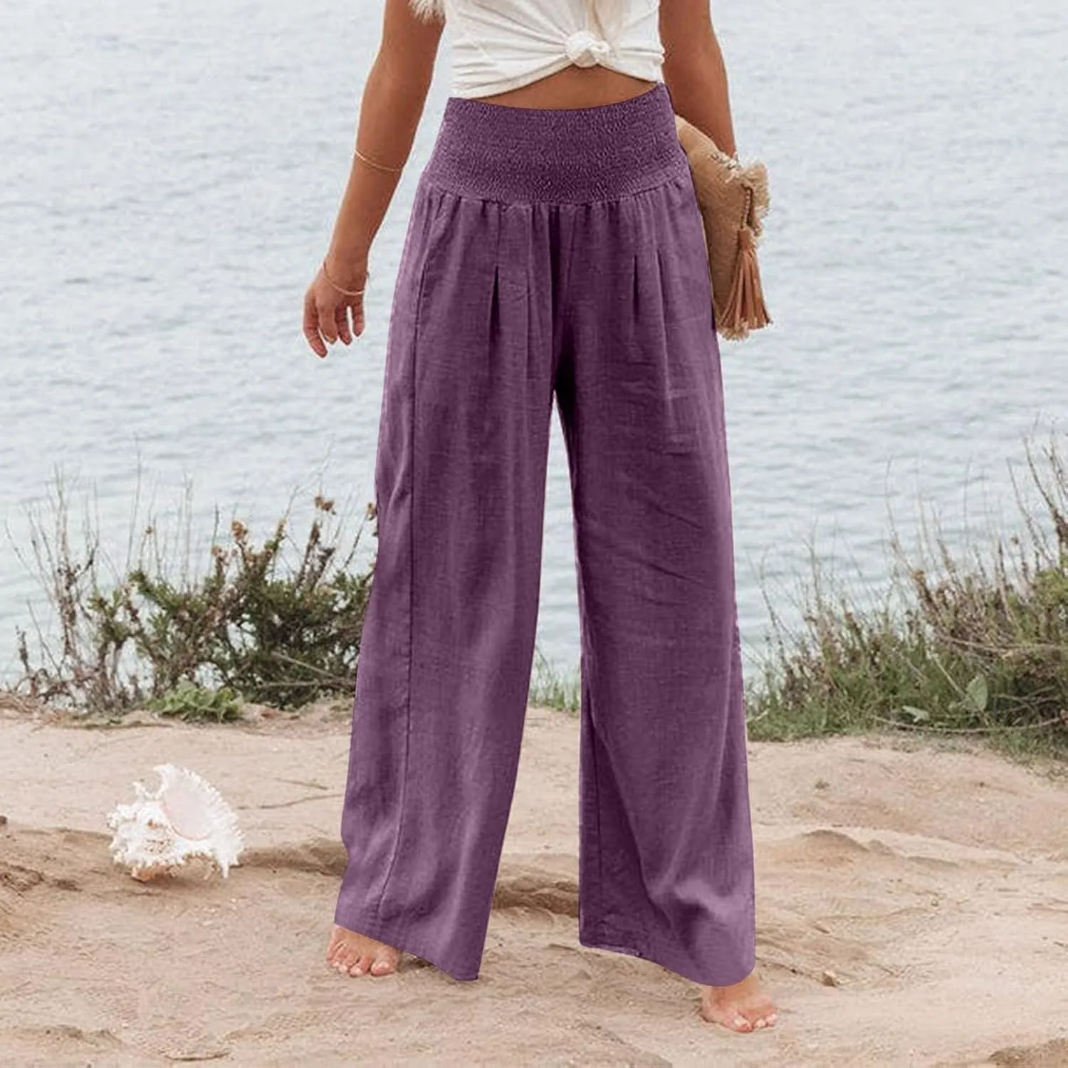 Linen Pants for Women 2023 Trendy High Waist Solid Wide Leg Pants Summer Beach Sport Fit Trousers with Pockets