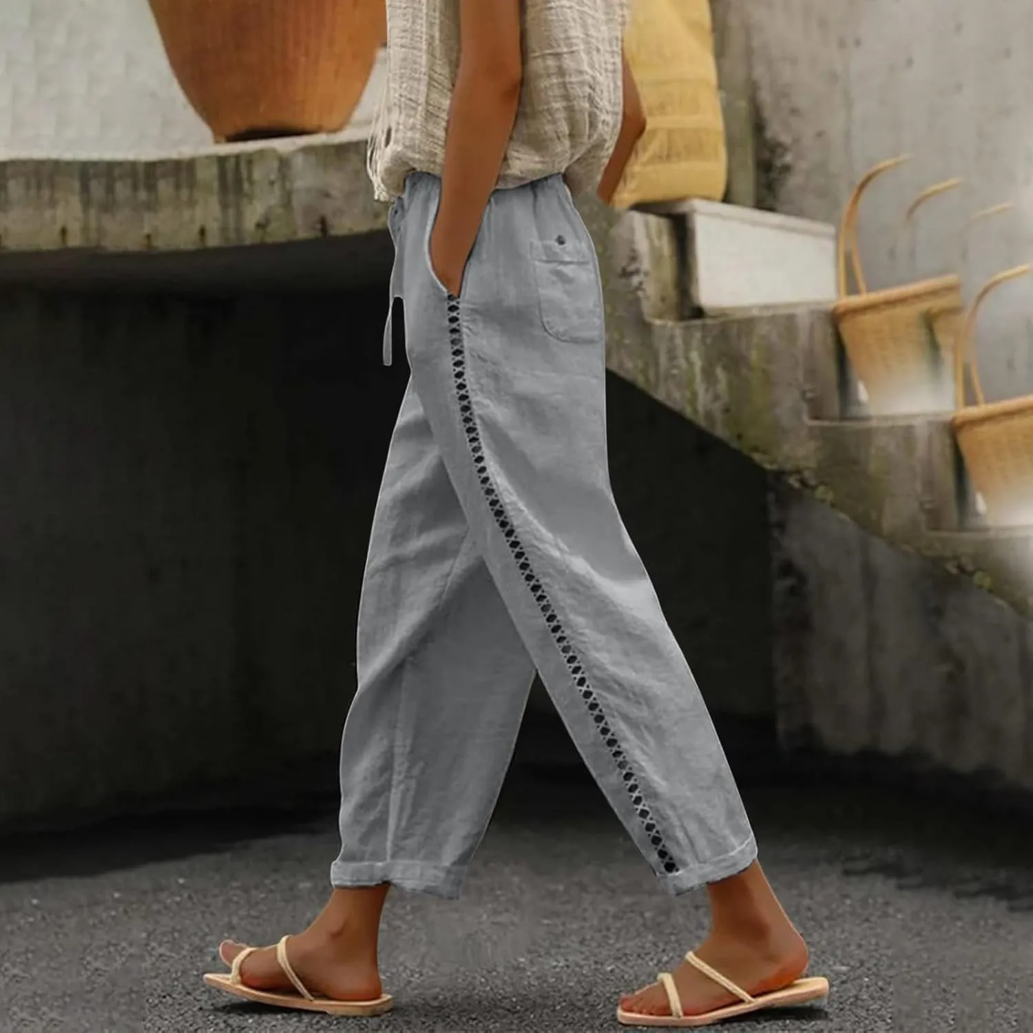 Linen Pants for Women 2025 Spring Summer High Waisted Elastic Drawstring Capri Pants Vacation Beach Trousers Joggers