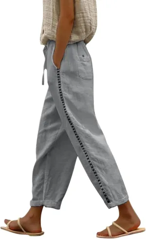 Linen Pants for Women 2025 Spring Summer High Waisted Elastic Drawstring Capri Pants Vacation Beach Trousers Joggers