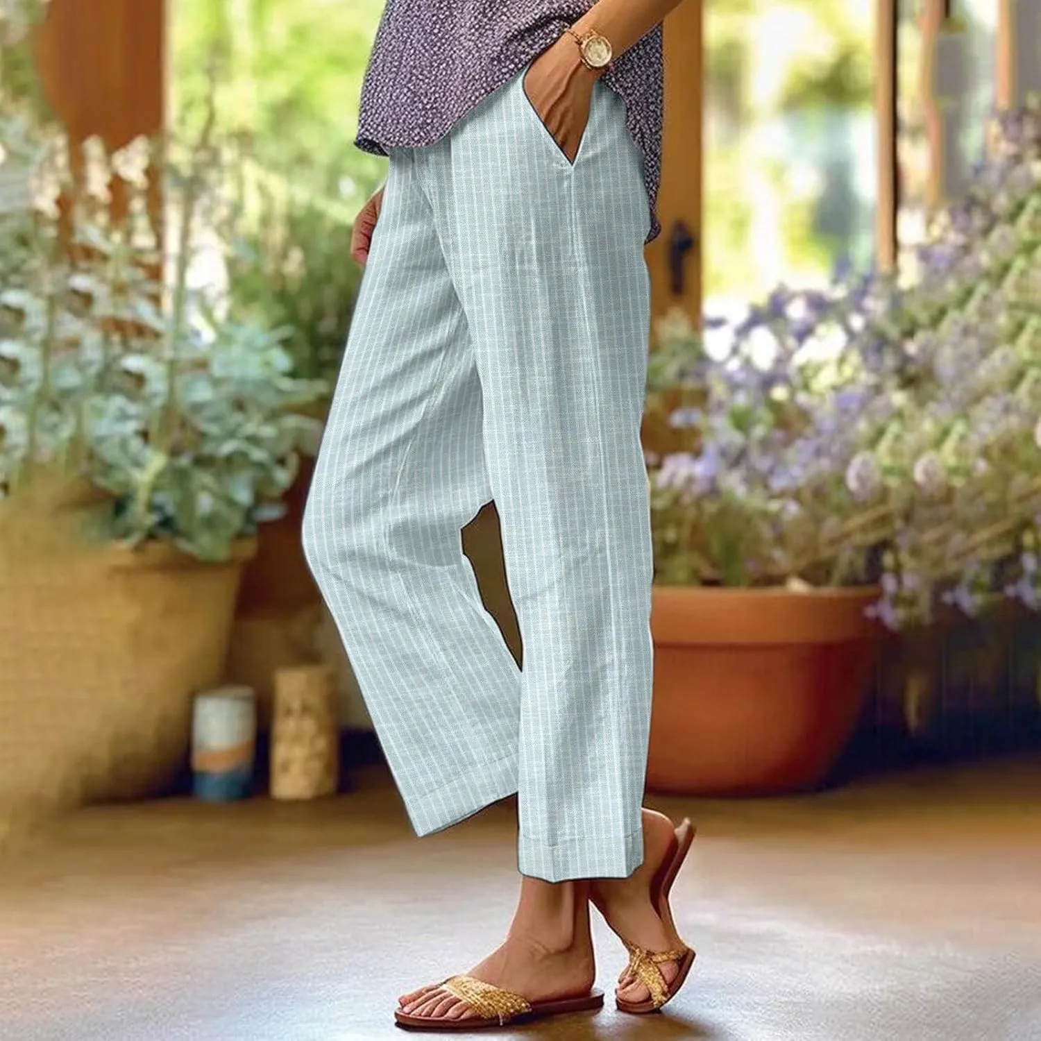 Linen Pants for Women 2025 Summer High Waist Elastic Straight Leg Pant Casual Lounge Loose Lightweight Beach Trousers