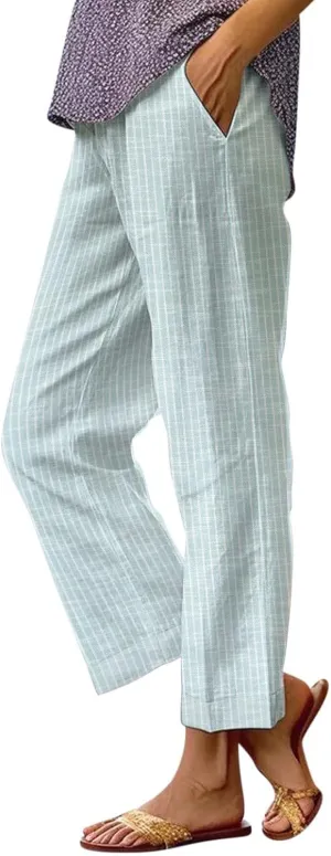 Linen Pants for Women 2025 Summer High Waist Elastic Straight Leg Pant Casual Lounge Loose Lightweight Beach Trousers