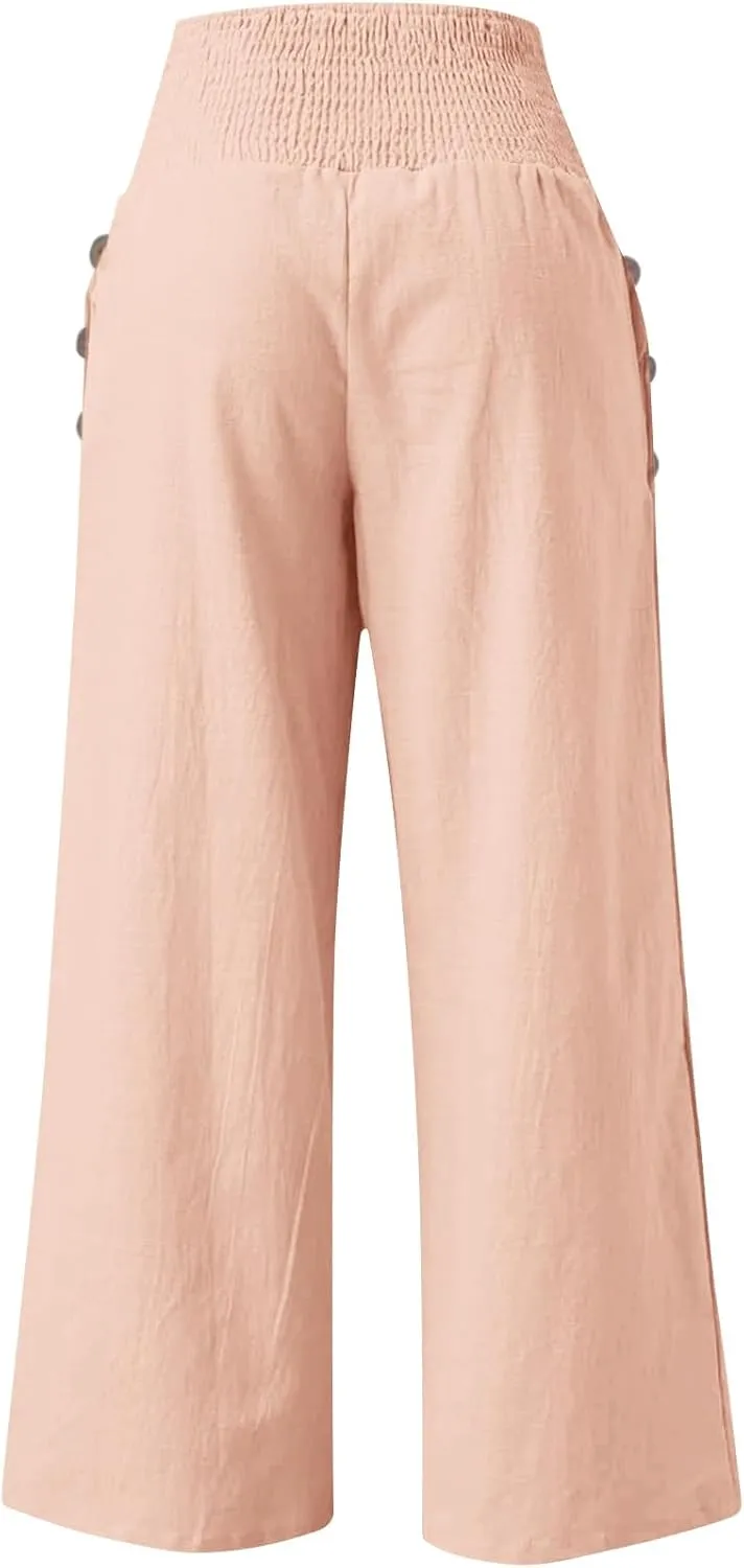 Linen Pants for Women Wide Leg Beach 2025 Summer Elastic Waist Pants High Waisted with Pockets Comfy Solid Clothes