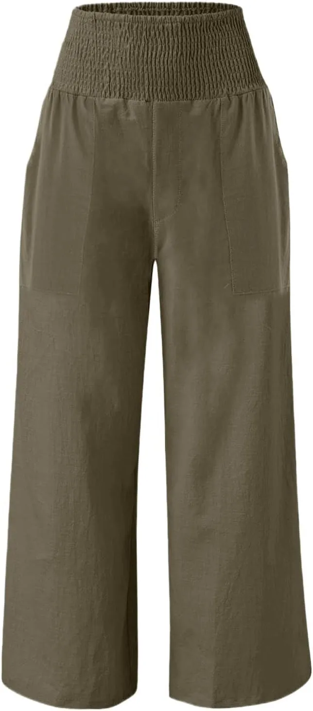 Linen Pants for Women Wide Leg Beach 2025 Summer Elastic Waist Pants High Waisted with Pockets Comfy Solid Clothes