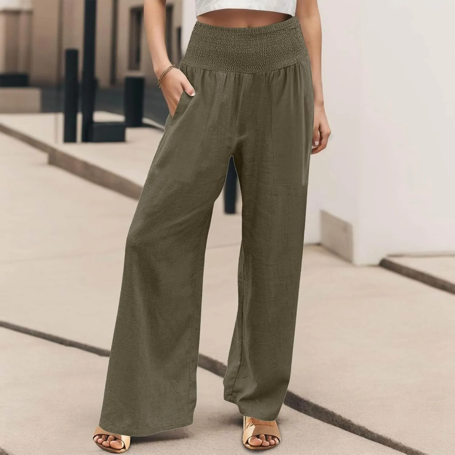 Linen Pants for Women Wide Leg Beach 2025 Summer Elastic Waist Pants High Waisted with Pockets Comfy Solid Clothes