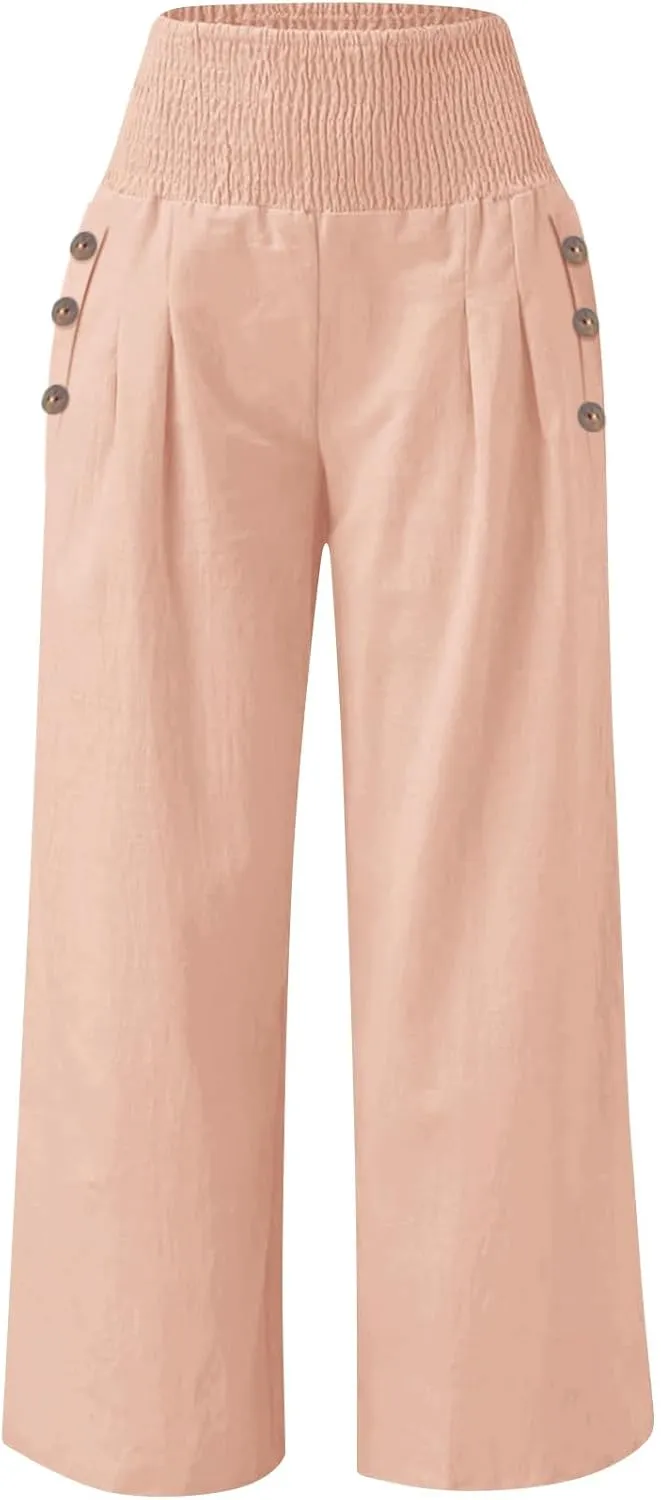Linen Pants for Women Wide Leg Beach 2025 Summer Elastic Waist Pants High Waisted with Pockets Comfy Solid Clothes