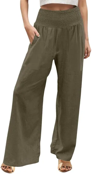 Linen Pants for Women Wide Leg Beach 2025 Summer Elastic Waist Pants High Waisted with Pockets Comfy Solid Clothes