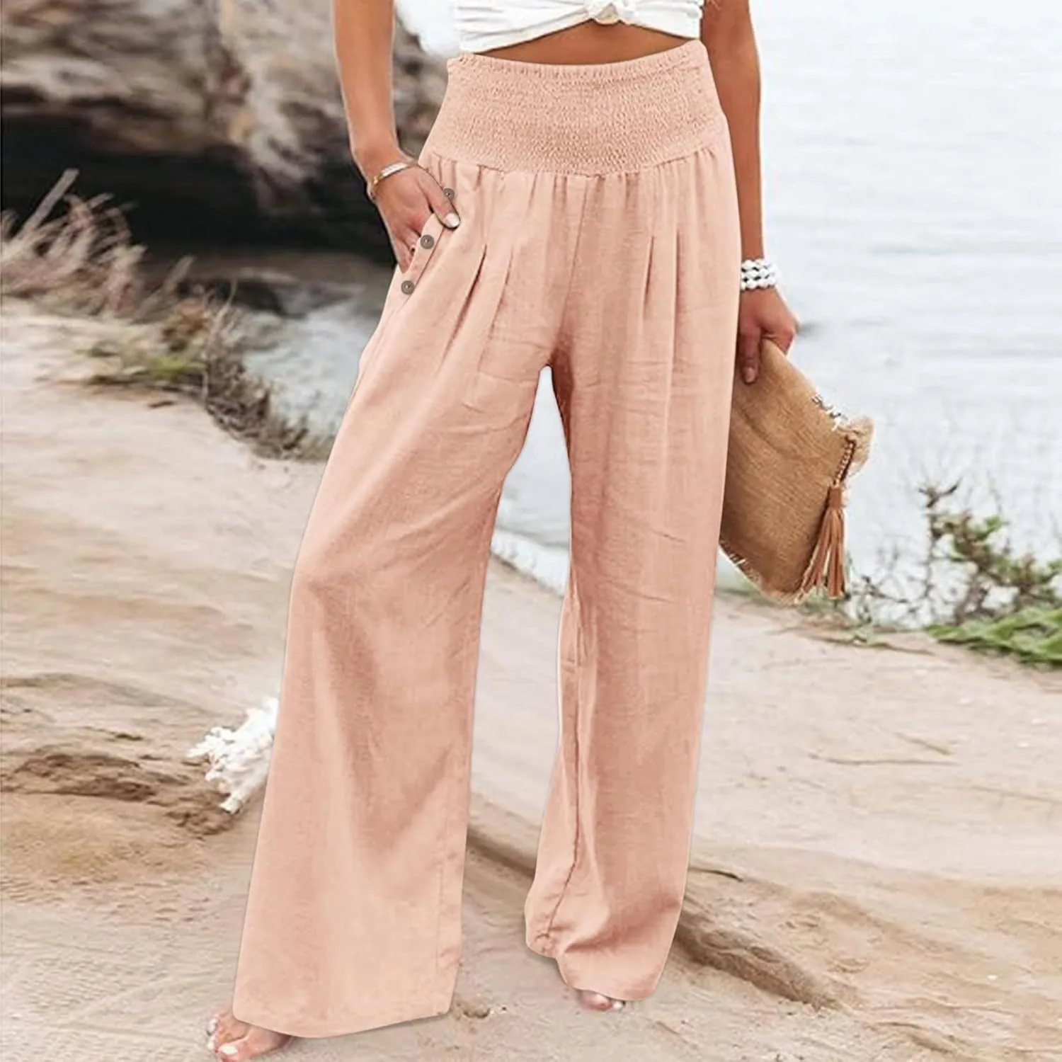 Linen Pants for Women Wide Leg Beach 2025 Summer Elastic Waist Pants High Waisted with Pockets Comfy Solid Clothes