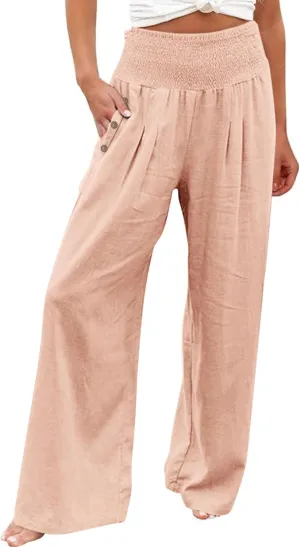 Linen Pants for Women Wide Leg Beach 2025 Summer Elastic Waist Pants High Waisted with Pockets Comfy Solid Clothes