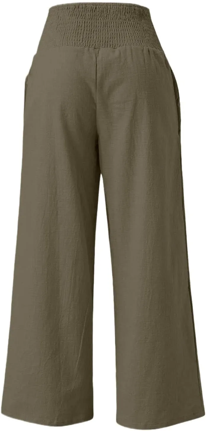 Linen Pants for Women Wide Leg Beach 2025 Summer Elastic Waist Pants High Waisted with Pockets Comfy Solid Clothes