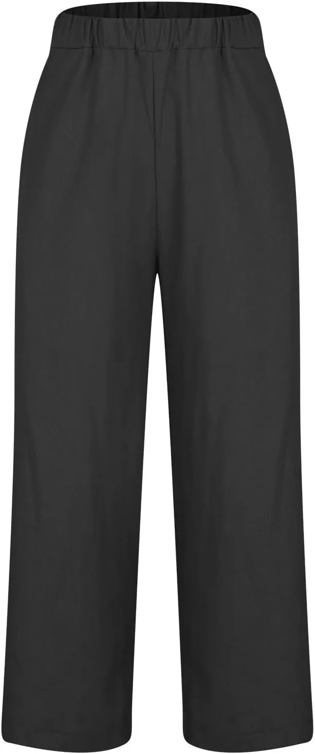 Linen Pants Women 2024 Summer High Waisted Cropped Lounge Pants Comty Causal Solid Trousers with Pockets