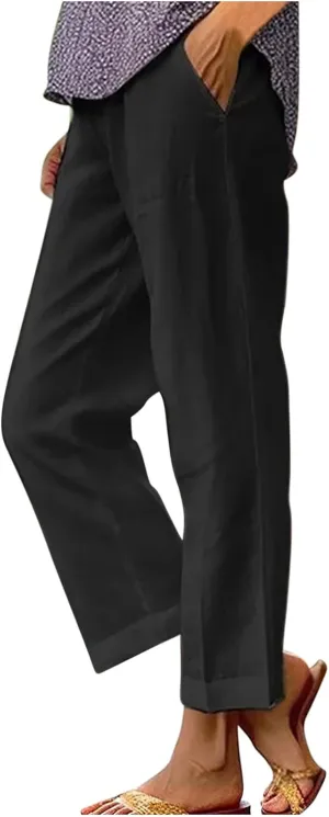 Linen Pants Women 2024 Summer High Waisted Cropped Lounge Pants Comty Causal Solid Trousers with Pockets
