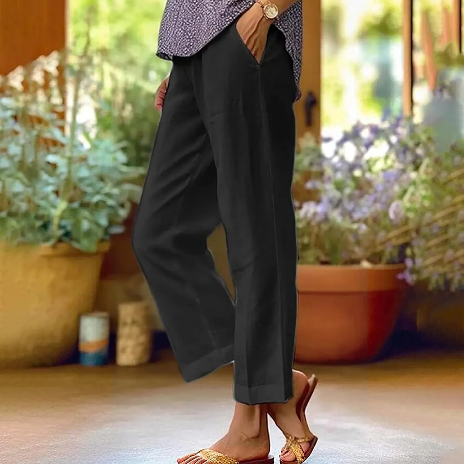 Linen Pants Women 2024 Summer High Waisted Cropped Lounge Pants Comty Causal Solid Trousers with Pockets