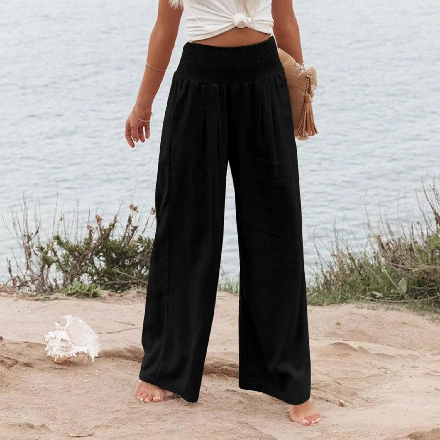 Linen Pants Women Baggy Wide Leg Flowy Beach Pants Elastic High Waisted Smocked Tummy Control Vacation Pants with Pockets