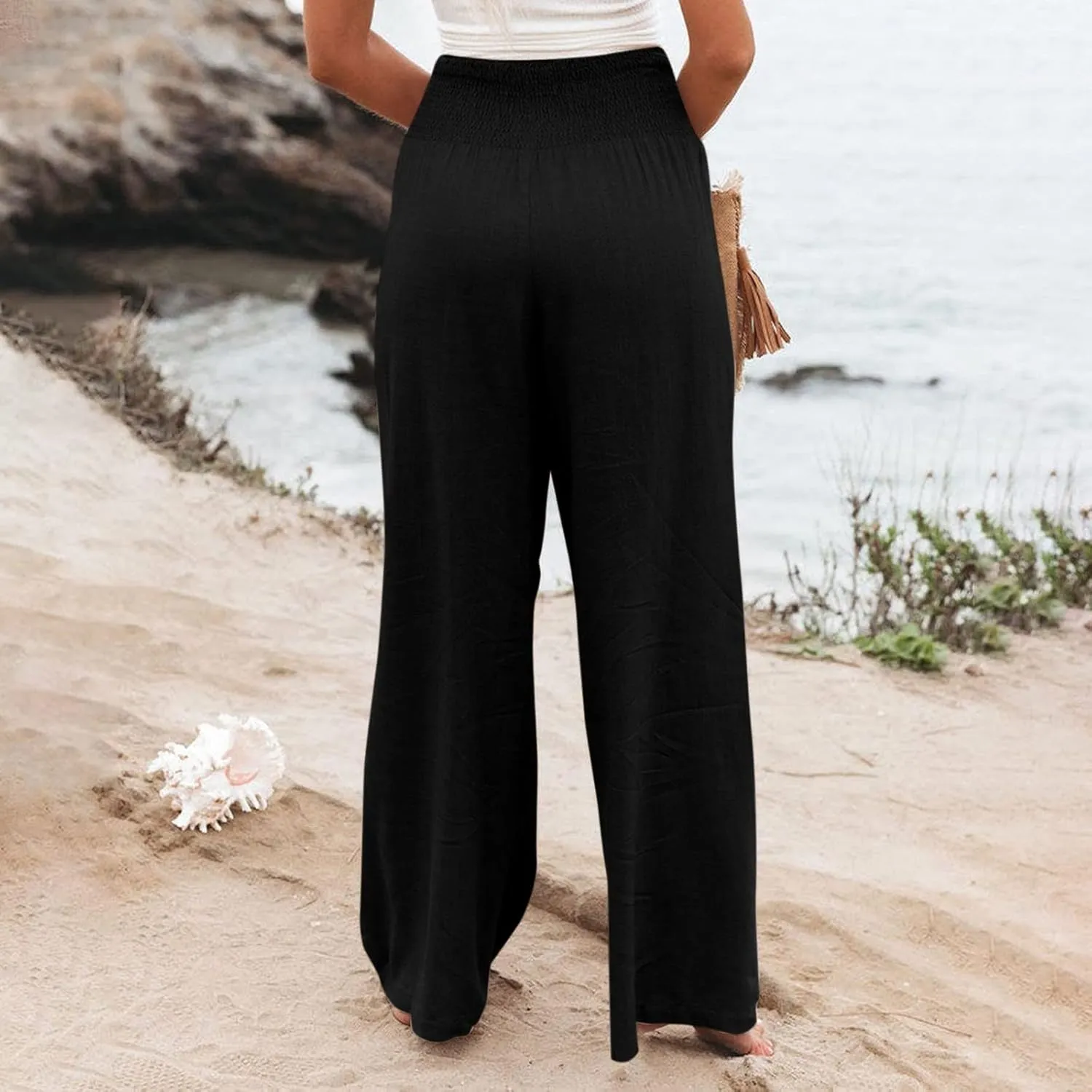 Linen Pants Women Baggy Wide Leg Flowy Beach Pants Elastic High Waisted Smocked Tummy Control Vacation Pants with Pockets