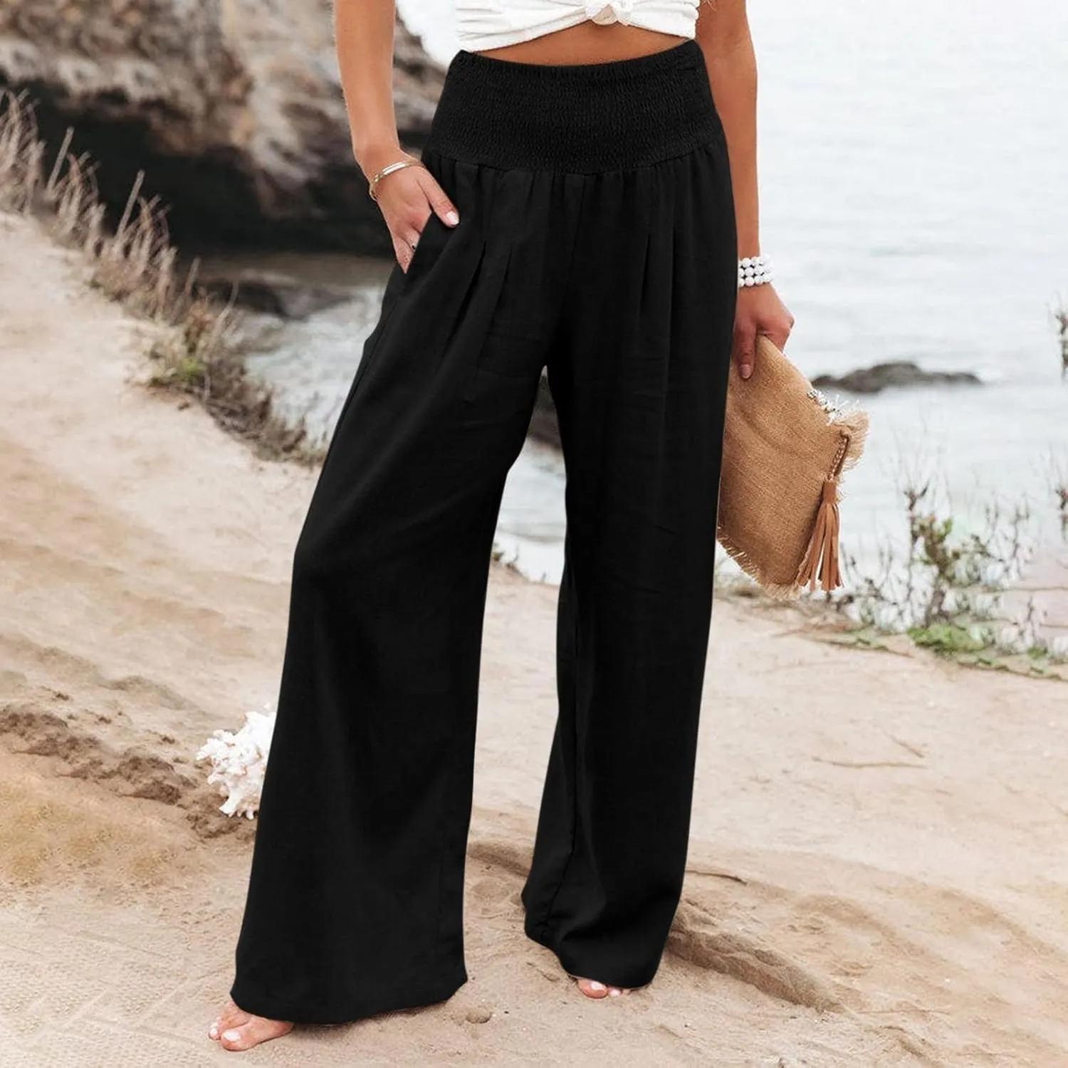 Linen Pants Women Baggy Wide Leg Flowy Beach Pants Elastic High Waisted Smocked Tummy Control Vacation Pants with Pockets
