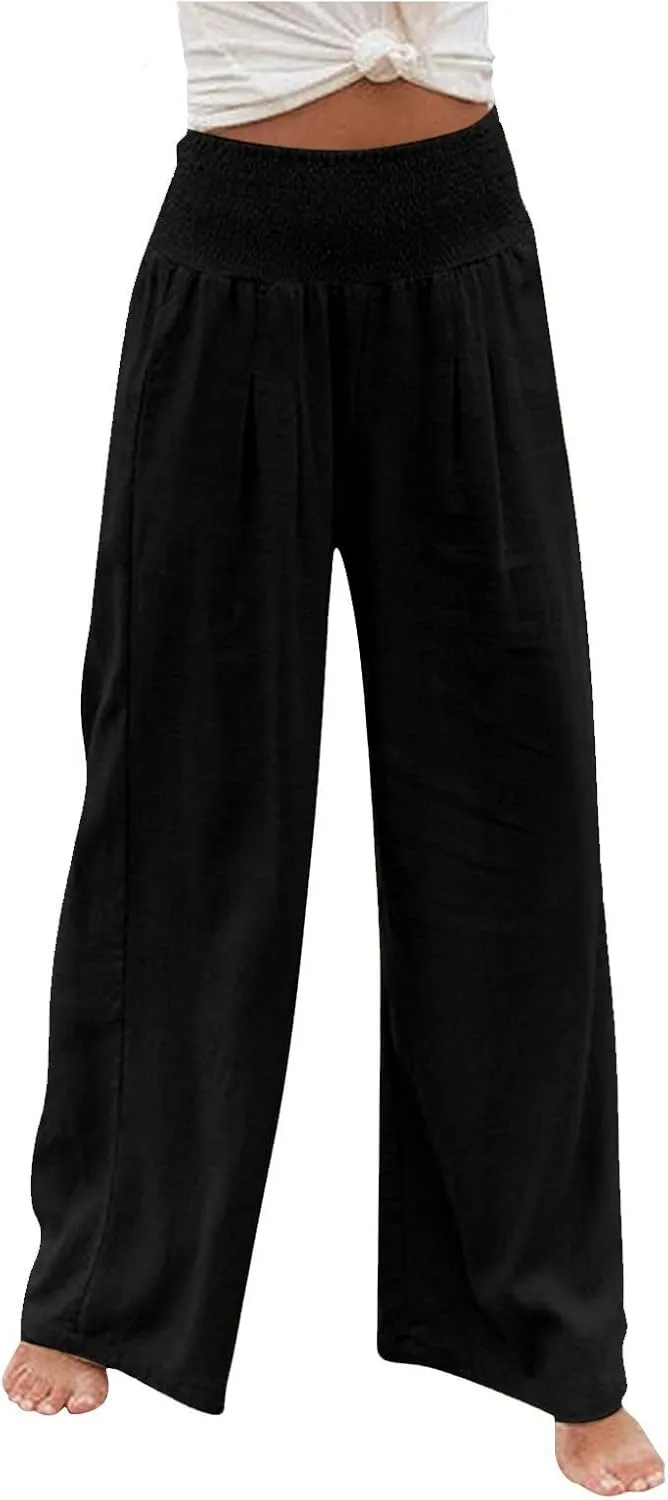 Linen Pants Women Baggy Wide Leg Flowy Beach Pants Elastic High Waisted Smocked Tummy Control Vacation Pants with Pockets