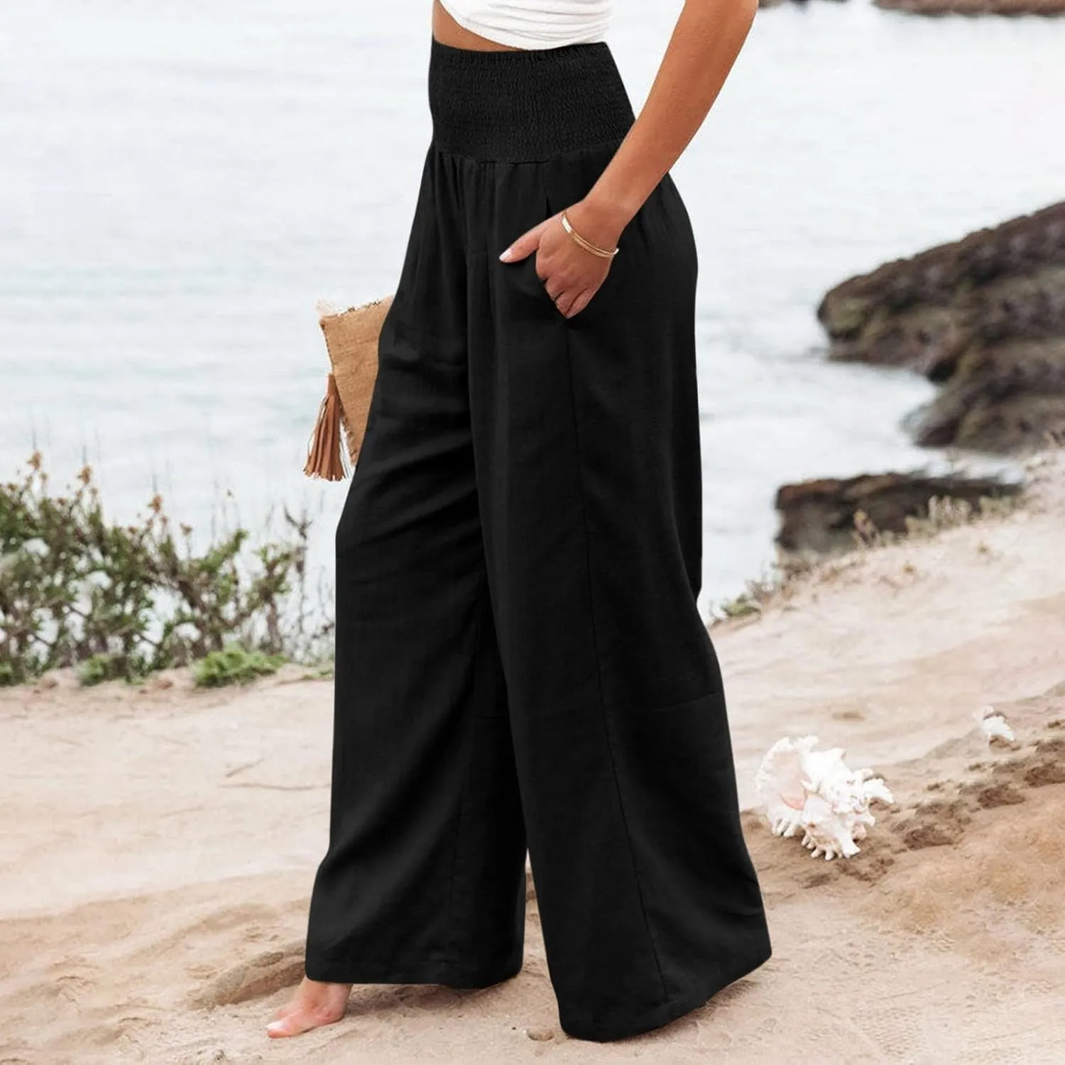 Linen Pants Women Baggy Wide Leg Flowy Beach Pants Elastic High Waisted Smocked Tummy Control Vacation Pants with Pockets
