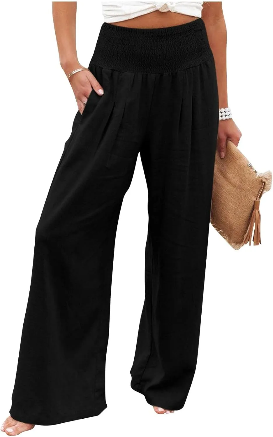 Linen Pants Women Baggy Wide Leg Flowy Beach Pants Elastic High Waisted Smocked Tummy Control Vacation Pants with Pockets