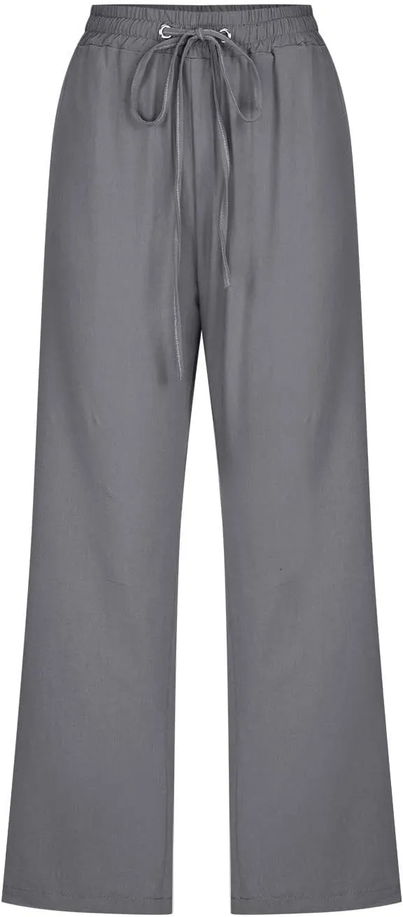 Linen Pants Women Casual Summer Straight Wide Leg Loose Capris Drawstring Elastic High Waist Pockets Cropped Trouser