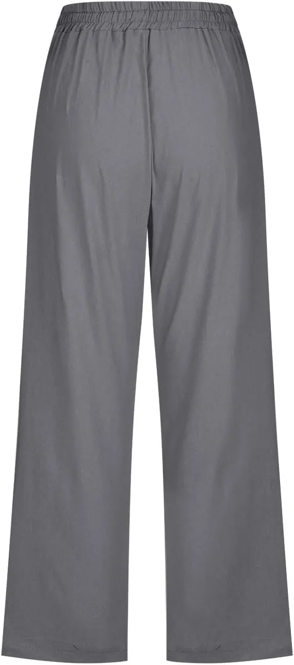 Linen Pants Women Casual Summer Straight Wide Leg Loose Capris Drawstring Elastic High Waist Pockets Cropped Trouser
