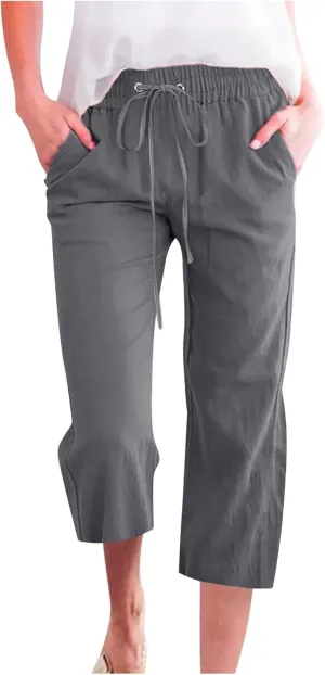 Linen Pants Women Casual Summer Straight Wide Leg Loose Capris Drawstring Elastic High Waist Pockets Cropped Trouser