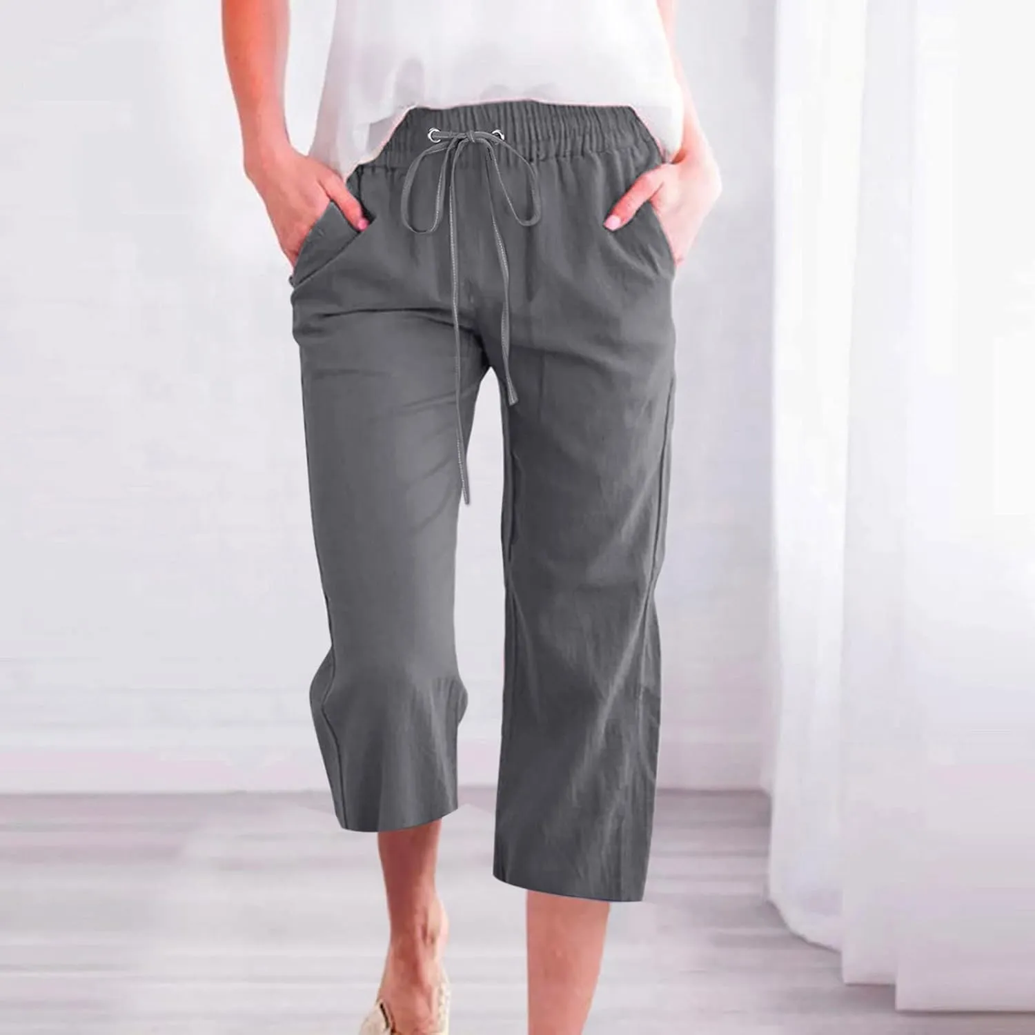 Linen Pants Women Casual Summer Straight Wide Leg Loose Capris Drawstring Elastic High Waist Pockets Cropped Trouser