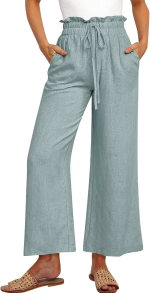 Linen Pants Women Drawstring High Waisted Cropped Wide Leg Pants Loose Boho Paperbag Beach Palazzo Pants with Pockets