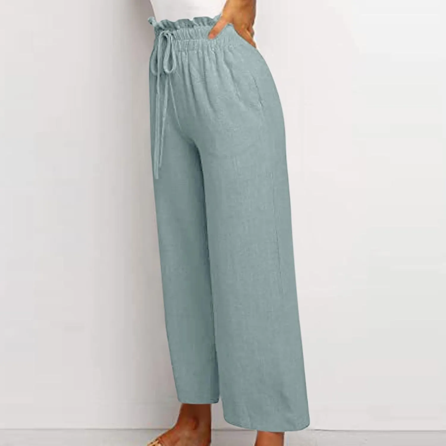 Linen Pants Women Drawstring High Waisted Cropped Wide Leg Pants Loose Boho Paperbag Beach Palazzo Pants with Pockets