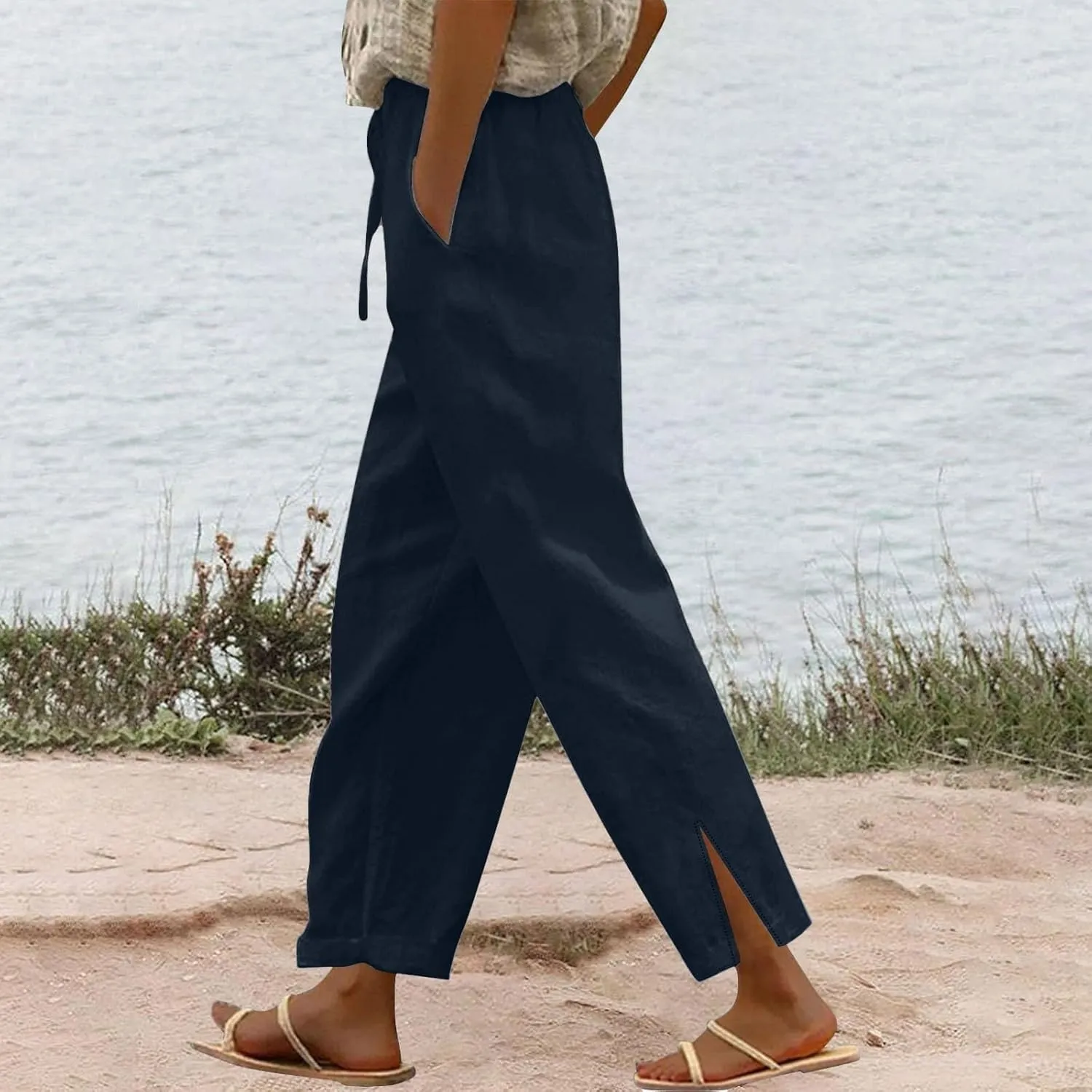 Linen Pants Women High Waisted Elastic Drawstring Beach Pants Casual Loose Lightweight Wide Leg Trousers with Pockets