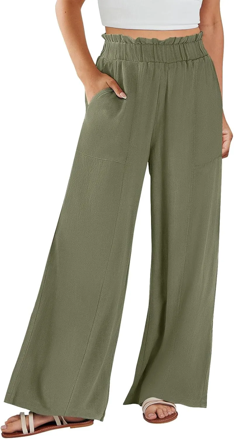 Linen Pants Women Plus Size Summer Casual Loose Flowy High Waited Beach Pants Trendy Summer Outfits with Pockets