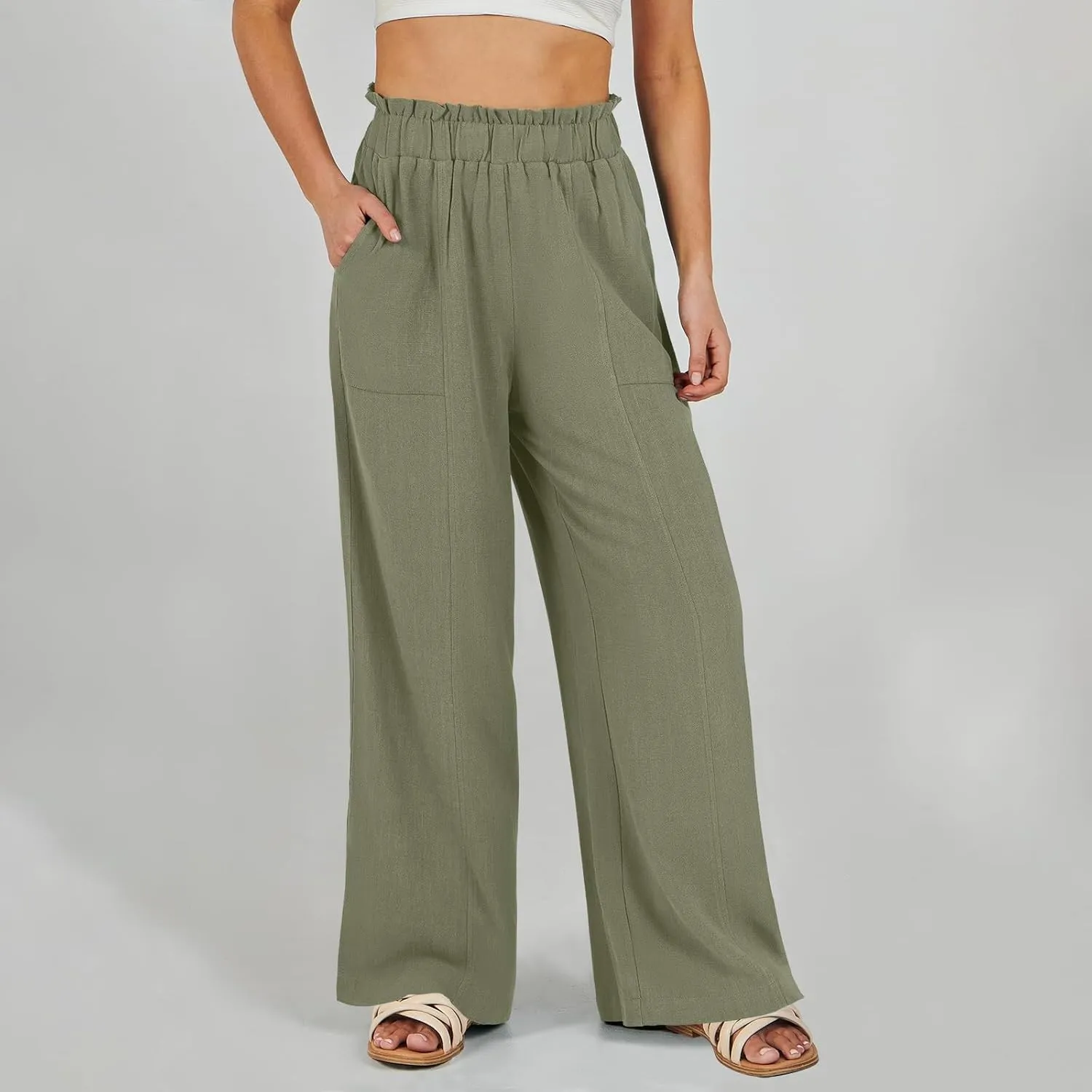 Linen Pants Women Plus Size Summer Casual Loose Flowy High Waited Beach Pants Trendy Summer Outfits with Pockets