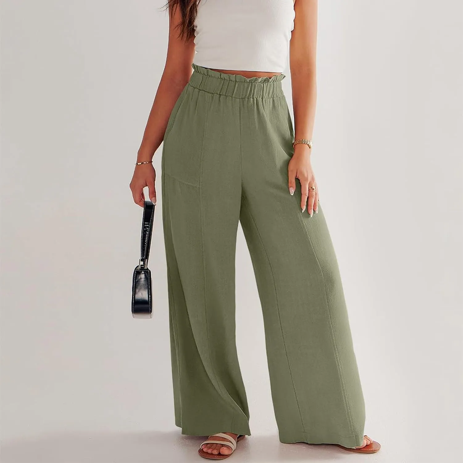 Linen Pants Women Plus Size Summer Casual Loose Flowy High Waited Beach Pants Trendy Summer Outfits with Pockets