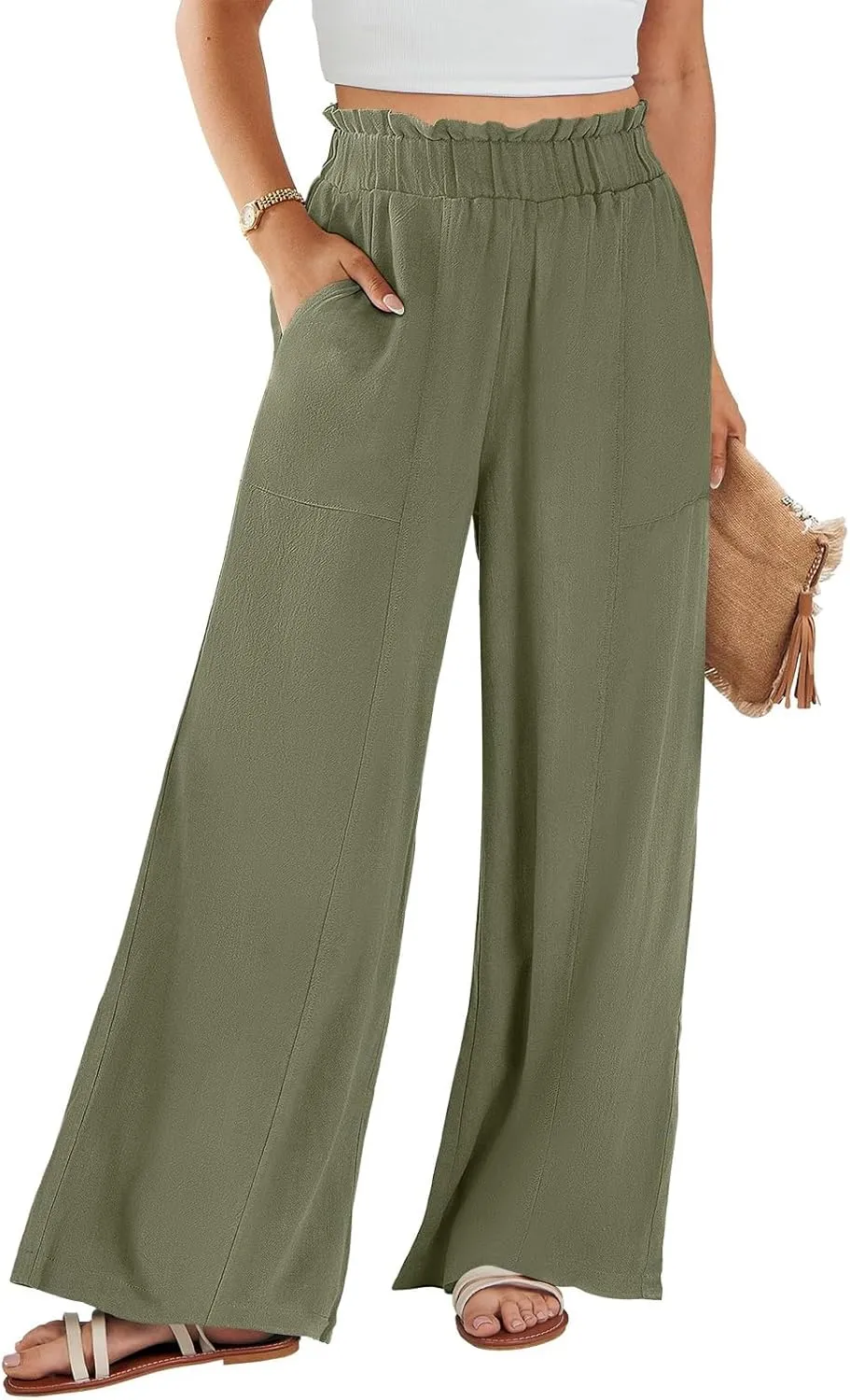 Linen Pants Women Plus Size Summer Casual Loose Flowy High Waited Beach Pants Trendy Summer Outfits with Pockets