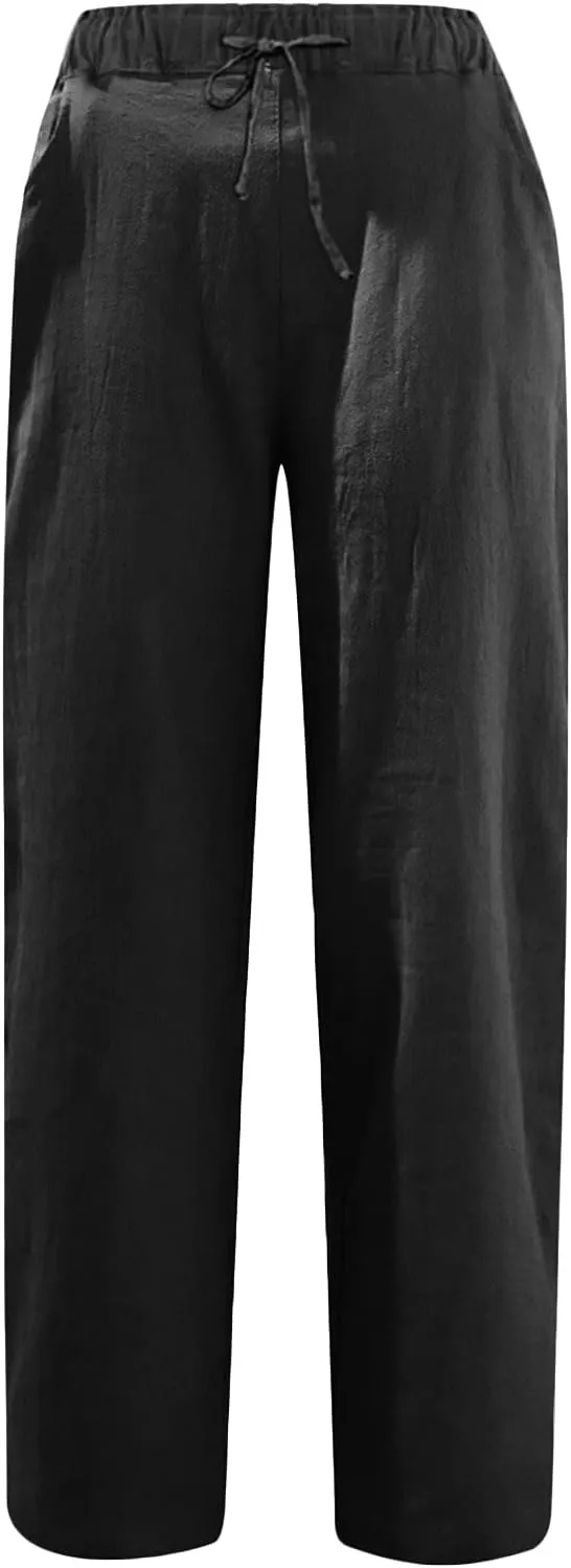 Linen Pants Women Summer 2024 Drawstring Waisted Solid Color Lounge Trousers Casual Loose Fit Wed Leg Pants