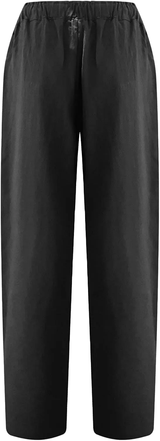 Linen Pants Women Summer 2024 Drawstring Waisted Solid Color Lounge Trousers Casual Loose Fit Wed Leg Pants