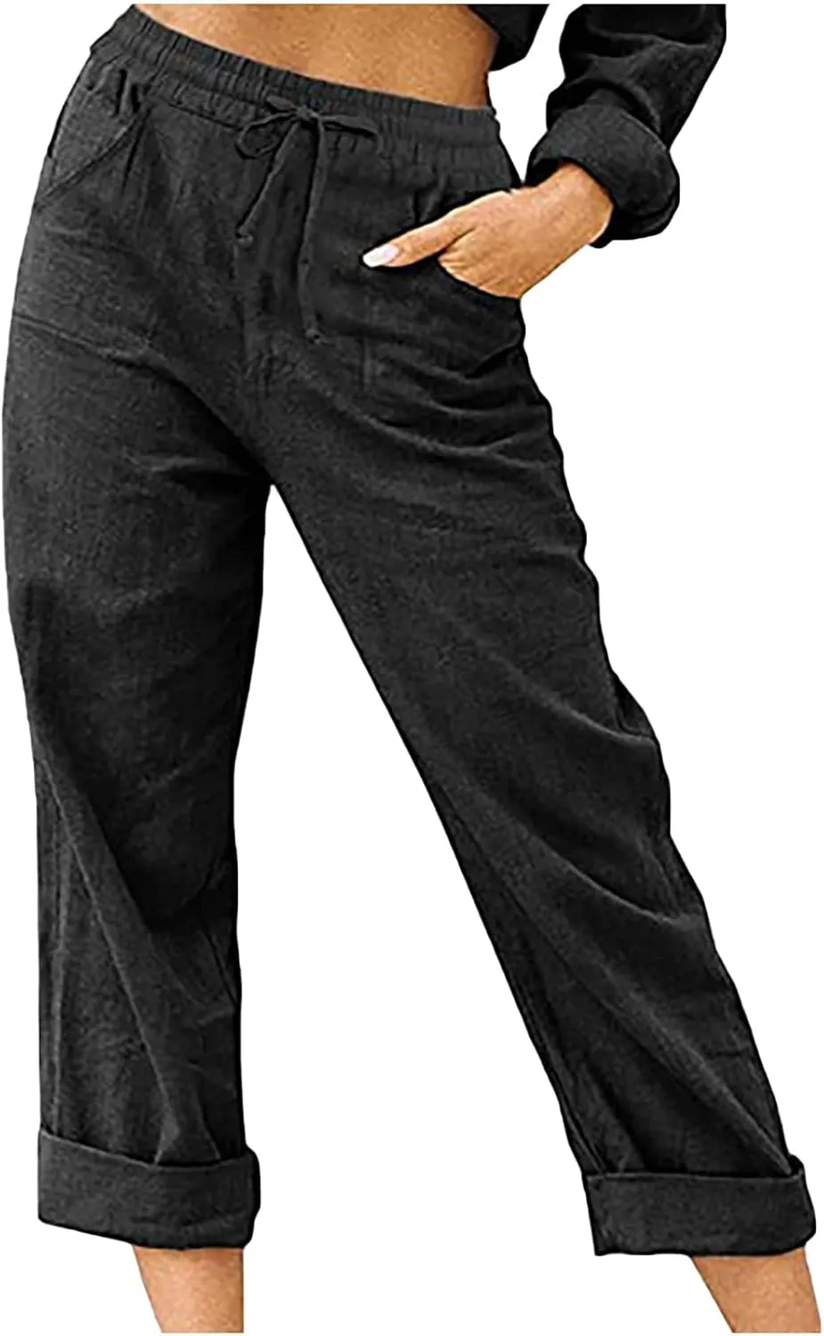 Linen Pants Women Summer 2024 Drawstring Waisted Solid Color Lounge Trousers Casual Loose Fit Wed Leg Pants