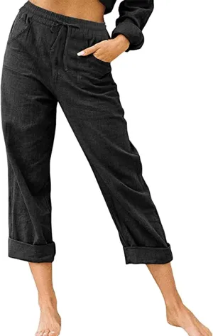 Linen Pants Women Summer 2024 Drawstring Waisted Solid Color Lounge Trousers Casual Loose Fit Wed Leg Pants
