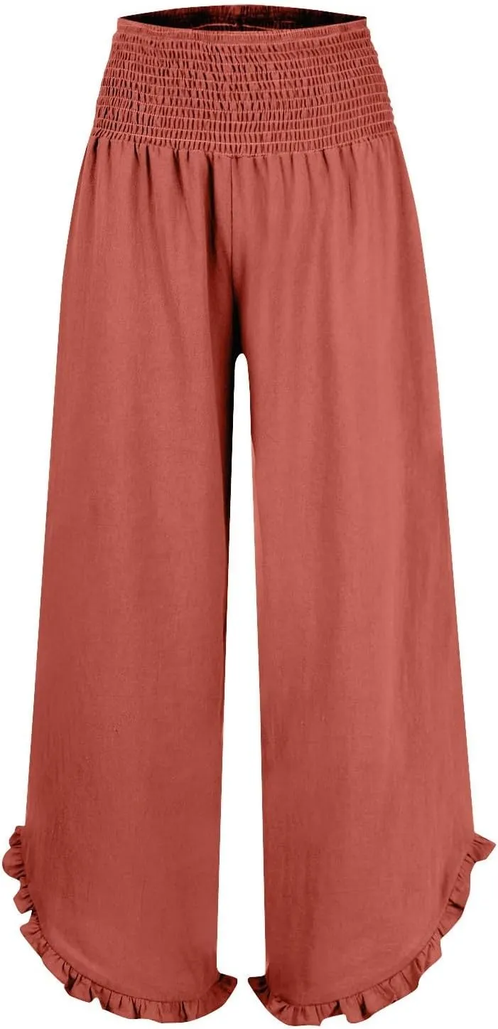 Linen Pants Women Summer Baggy Wide Leg Flowy Beach Pants Elastic High Waisted Tummy Control Vacation Pants with Pockets