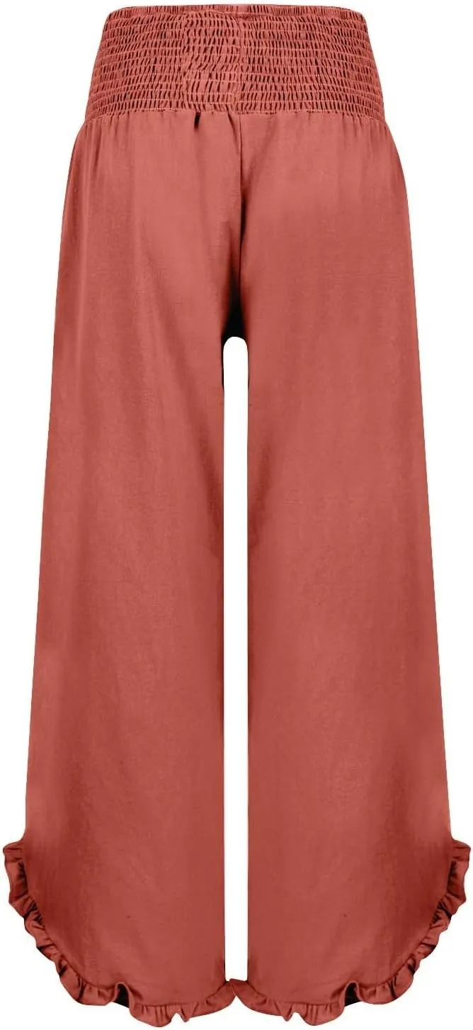 Linen Pants Women Summer Baggy Wide Leg Flowy Beach Pants Elastic High Waisted Tummy Control Vacation Pants with Pockets