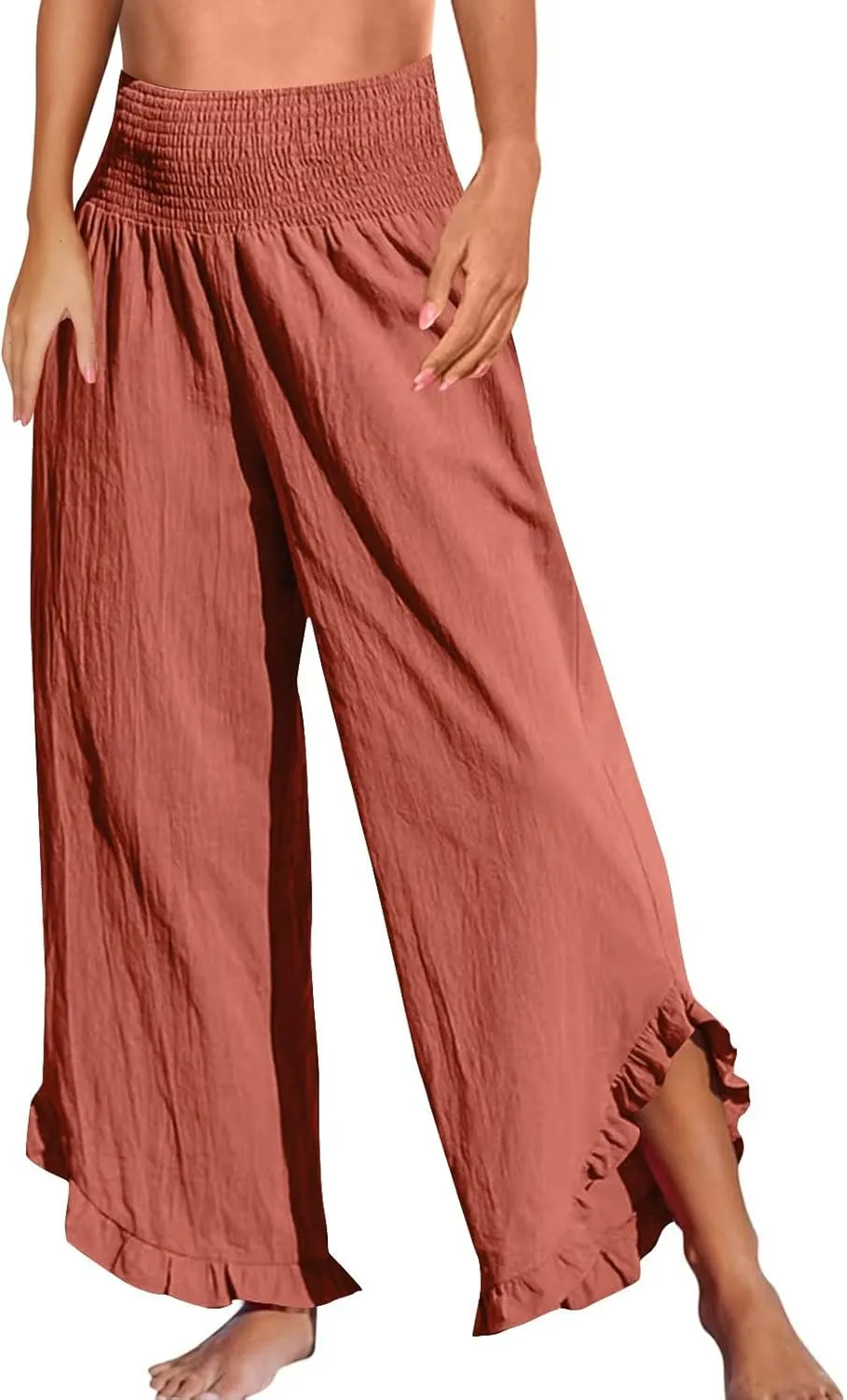 Linen Pants Women Summer Baggy Wide Leg Flowy Beach Pants Elastic High Waisted Tummy Control Vacation Pants with Pockets