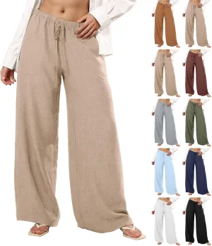 Linen Pants Women Summer Drawstring High Waisted Wide Leg Yoga Pants with Pockets Holiday Boho Beach Palazzo Pants