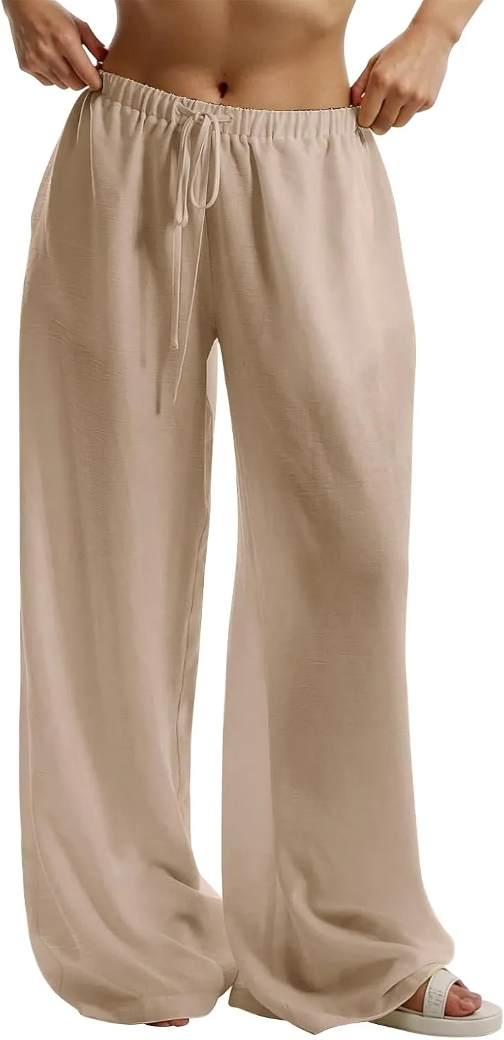 Linen Pants Women Summer Drawstring High Waisted Wide Leg Yoga Pants with Pockets Holiday Boho Beach Palazzo Pants