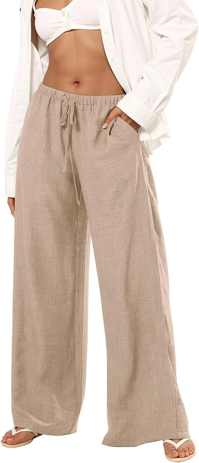 Linen Pants Women Summer Drawstring High Waisted Wide Leg Yoga Pants with Pockets Holiday Boho Beach Palazzo Pants