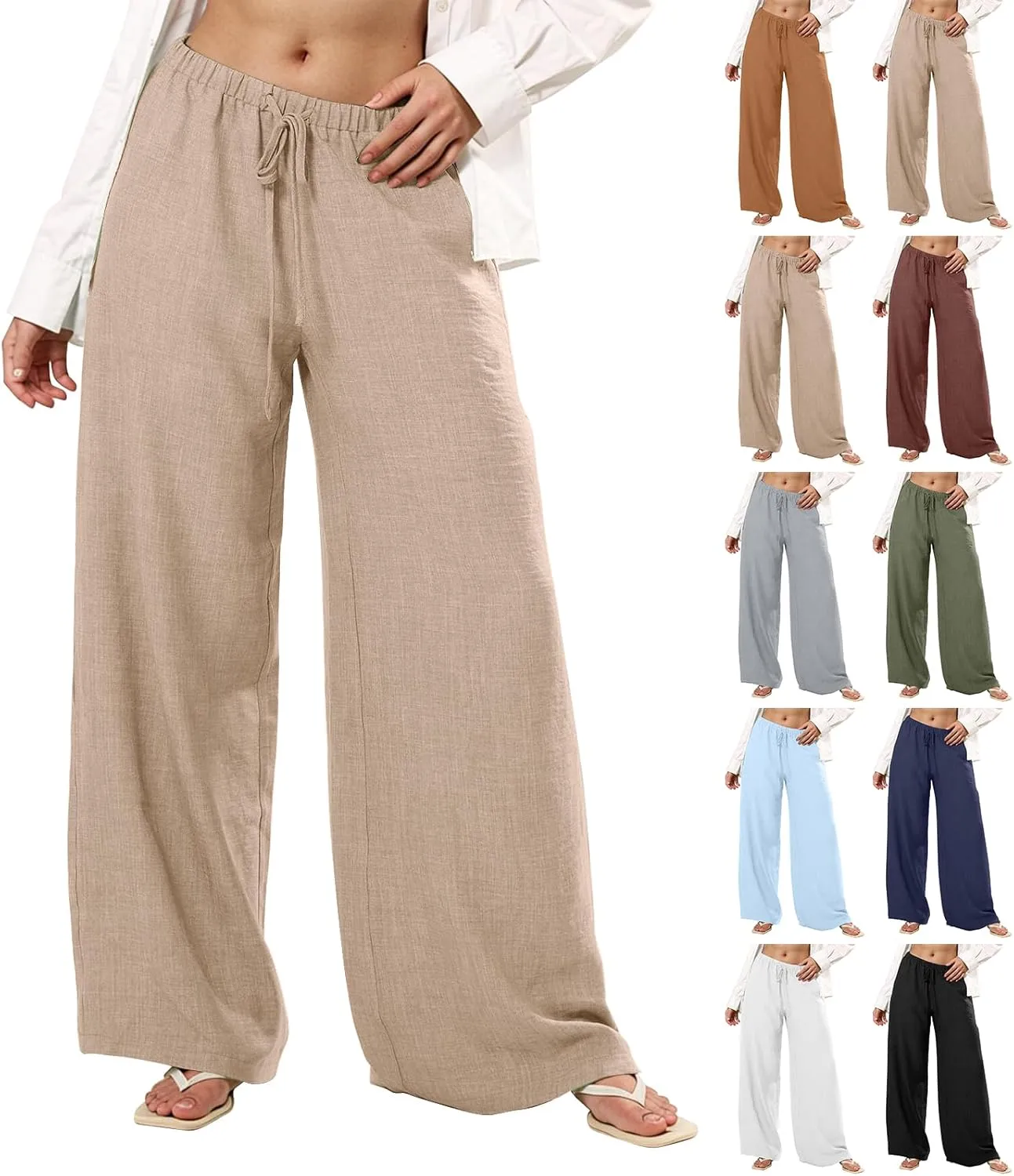 Linen Pants Women Summer Drawstring High Waisted Wide Leg Yoga Pants with Pockets Holiday Boho Beach Palazzo Pants